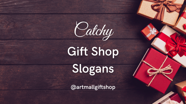 Assorted gift boxes with red and brown ribbons on dark wooden background, text overlay 'Catchy Gift Shop Slogans'