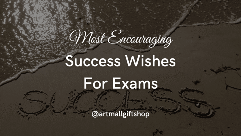Inspirational image with "Most Encouraging Success Wishes For Exams" text overlaid on beach sand with incoming wave