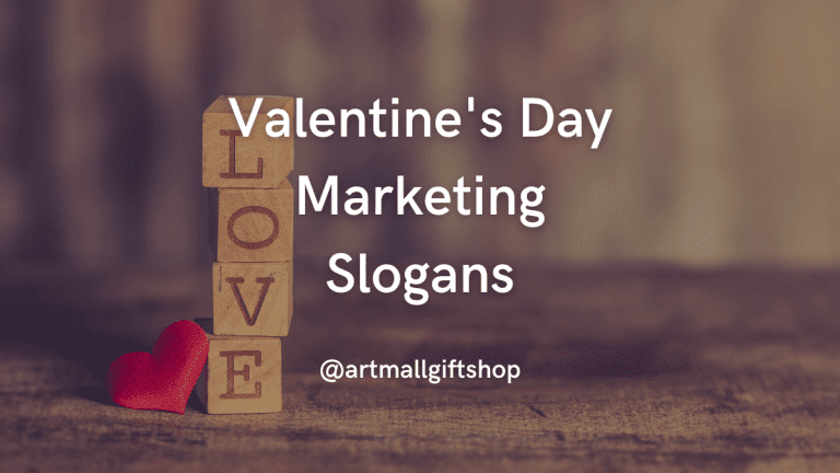 Wooden blocks spelling "LOVE" with text "Valentine's Day Marketing Slogans" and red heart