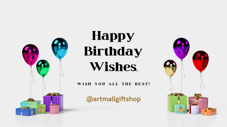 Festive birthday greeting card with colorful balloons, gift boxes, and "Happy Birthday Wishes" text