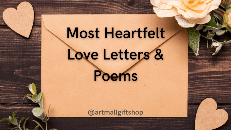 Romantic setup with kraft envelope, wooden hearts, and peach rose on rustic wood background, text 'Most Heartfelt Love Letters & Poems'