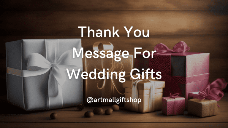 Elegant gift boxes with text "Thank You Message For Wedding Gifts" overlaid on wooden background