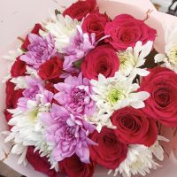 Pink Roses and White Mums Bouquet
