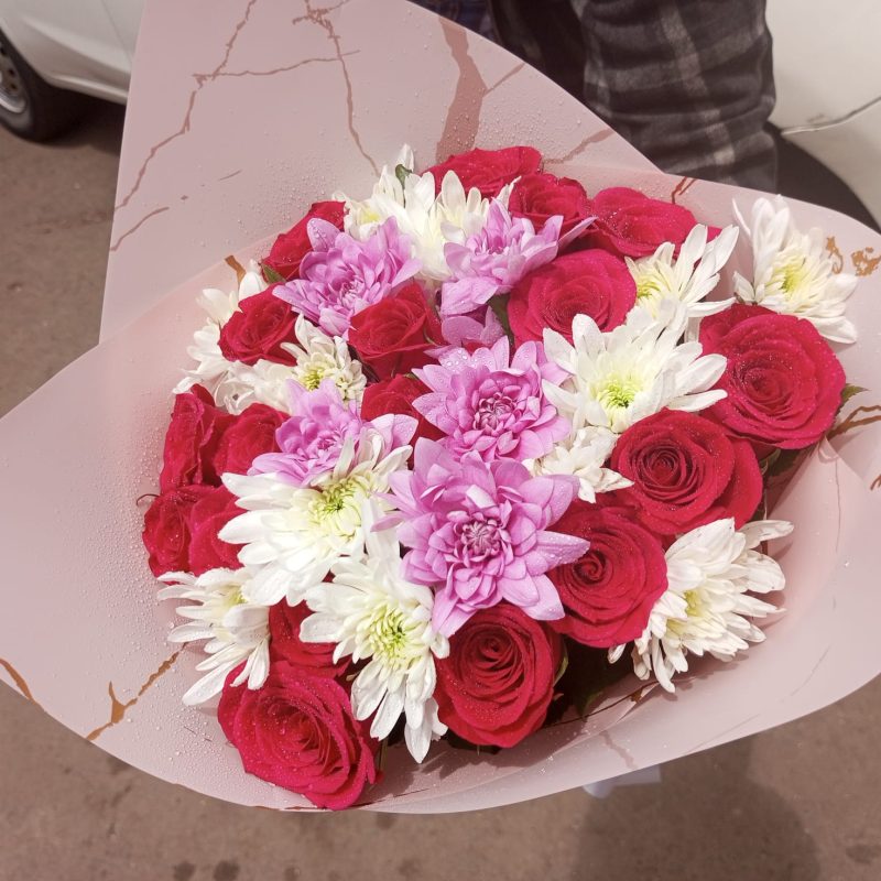 Red Roses and White & Purple Mums Bouquet